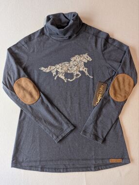 Chestnut Bay Rider Lounge Turtleneck Running Horses Navy Patches Equestrian Sz M